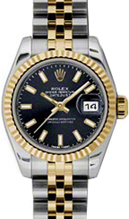 Rolex Lady-Datejust 26 179173-BLKSJ Black Index Fluted Yellow Gold Stainless Steel Jubilee 