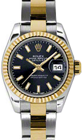 Rolex Lady-Datejust 26 179173-BLKSO Black Index Fluted Yellow Gold Stainless Steel Oyster 