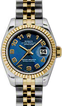 Rolex Lady-Datejust 26 179173-BLUCAJ Blue Concentric Circle Arabic Fluted Yellow Gold Stainless Steel Jubilee 