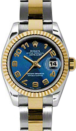 Rolex Lady-Datejust 26 179173-BLUCAO Blue Concentric Circle Arabic Fluted Yellow Gold Stainless Steel Oyster