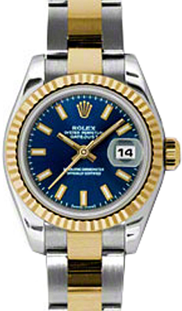 Rolex Lady-Datejust 26 179173-BLUSO Blue Index Fluted Yellow Gold Stainless Steel Oyster 