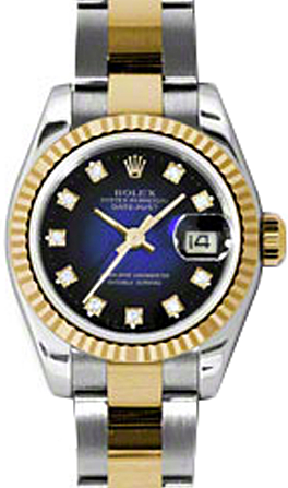 Rolex Lady-Datejust 26 179173-BLVGDO Blue Vignette Diamond Fluted Yellow Gold Stainless Steel Oyster 
