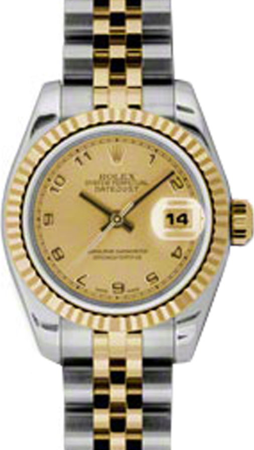 Rolex Lady-Datejust 26 179173-CHPCAJ Champagne Concentric Circle Arabic Fluted Yellow Gold Stainless Steel Jubilee 