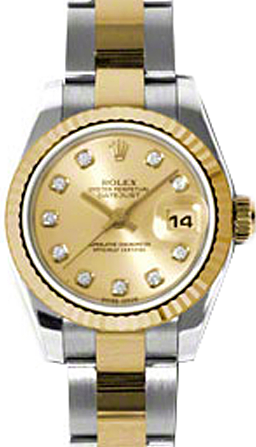Rolex Lady-Datejust 26 179173-CHPDO Champagne Diamond Fluted Yellow Gold Stainless Steel Oyster 