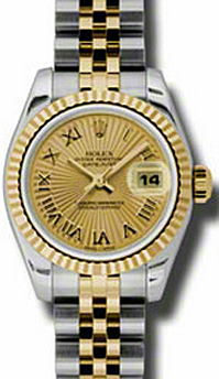 Rolex Lady-Datejust 26 179173-CHPRFJ Champagne Roman Fluted Yellow Gold Stainless Steel Jubilee