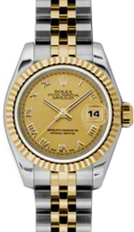 Rolex Lady-Datejust 26 179173-CHPRJ Champagne Roman Fluted Yellow Gold Stainless Steel Jubilee 