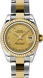 Rolex Lady-Datejust 26 179173-CHPRO Champagne Roman Fluted Yellow Gold Stainless Steel Oyster