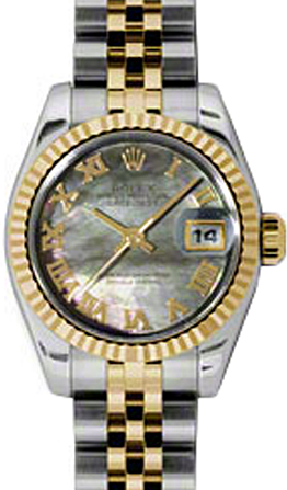 Rolex Lady-Datejust 26 179173-DMOPRJ Dark Mother of Pearl Roman Fluted Yellow Gold Stainless Steel Jubilee 