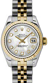 Rolex Lady-Datejust 26 179173-MOPDFJ White Mother of Pearl Diamond Fluted Yellow Gold Stainless Steel Jubilee 