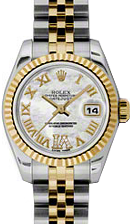 Rolex Lady-Datejust 26 179173-MOPRDRJ White Mother of Pearl Roman Diamond VI Fluted Yellow Gold Stainless Steel Jubilee 