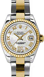 Rolex Lady-Datejust 26 179173-MOPRDRO White Mother of Pearl Roman Diamond VI Fluted Yellow Gold Stainless Steel Oyster