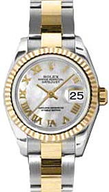 Rolex Lady-Datejust 26 179173-MOPRFO White Mother of Pearl Roman Fluted Yellow Gold Stainless Steel Oyster 
