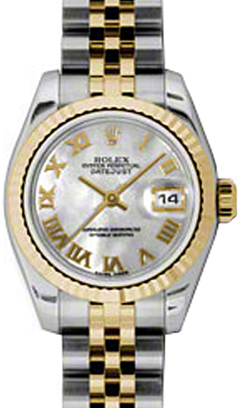 Rolex Lady-Datejust 26 179173-MOPRJ White Mother of Pearl Roman Fluted Yellow Gold Stainless Steel Jubilee 