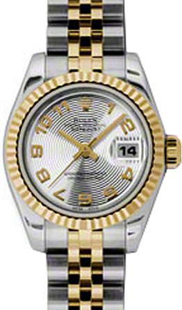 Rolex Lady-Datejust 26 179173-SLVCAJ Silver Arabic Concentric Circles Fluted Yellow Gold Stainless Steel Jubilee