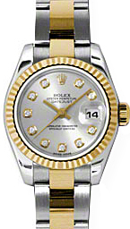 Rolex Lady-Datejust 26 179173-SLVDO Silver Diamond Fluted Yellow Gold Stainless Steel Oyster