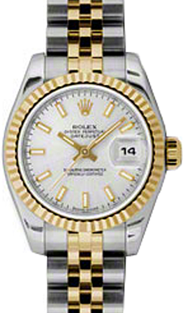 Rolex Lady-Datejust 26 179173-SLVSJ Silver Index Fluted Yellow Gold Stainless Steel Jubilee 