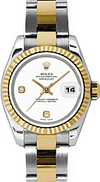 Rolex Lady-Datejust 26 179173-WHTADSO White Arabic 6 & 9 Set with Diamonds Fluted Yellow Gold Stainless Steel Oyster 