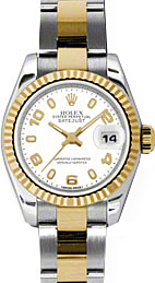 Rolex Lady-Datejust 26 179173-WHTAO White Arabic Index Fluted Yellow Gold Stainless Steel Oyster 