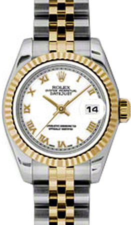 Rolex Lady-Datejust 26 179173-WHTRJ White Roman Fluted Yellow Gold Stainless Steel Jubilee 