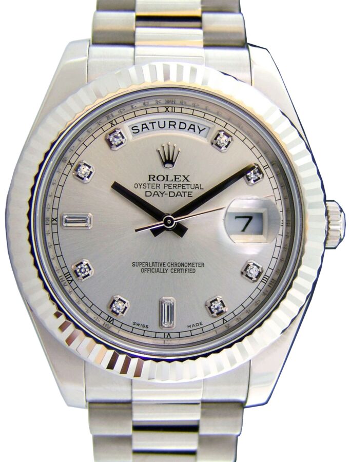 Rolex Day-Date II 218239-SLVDFP 41mm Silver Diamond Fluted White Gold President 