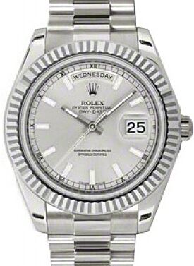 Rolex Day-Date II 41mm Silver Index Fluted White Gold President 218239