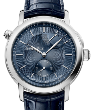 Audemars Piguet 26344PT.OO.D028CR.02 Jules Audemars Grande Sonnerie Carillon 39mm Blue Guilloche Index Platinum Leather BRAND NEW