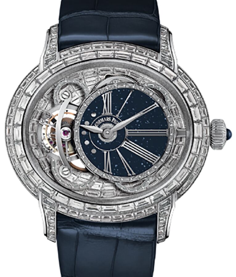 Audemars Piguet 26381BC.ZZ.D312CR.02 Millenary Tourbillon 45mm Blue Aventurine Baguette Diamond Paved Roman White Gold Leather BRAND NEW