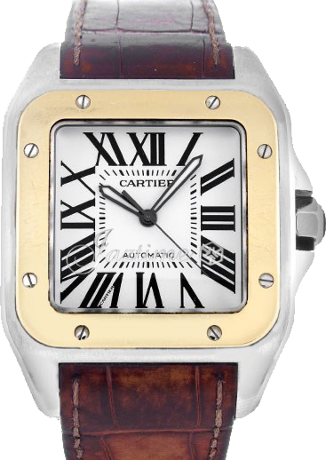 Cartier Santos 100 Yellow Gold/Steel Silver Opaline Roman Dial & Leather Strap W20072X7 - BRAND NEW