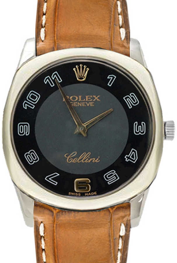 Rolex Cellini Danaos Midsize 4233-9-BLACK-GOLD Black Arabic White Gold Brown Leather Manual BRAND NEW