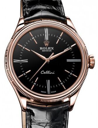 Rolex Cellini Time 50505-BLK Black Roman Index Rose Gold Black Leather Manual BRAND NEW