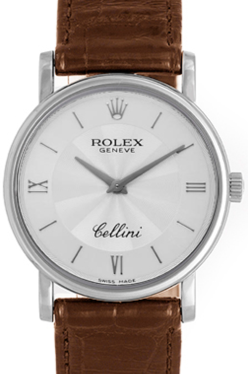 Rolex Cellini Ladies 5115-9 Silver Guilloche Roman / Index White Gold Brown Leather Manual BRAND NEW