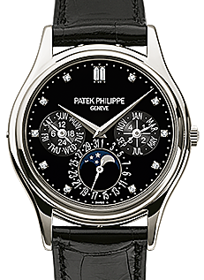 Patek Philippe Grand Complications Annual Calendar Moon Phase Black Diamond Dial Platinum Bezel Black Leather Strap 37.2mm 5140P-013