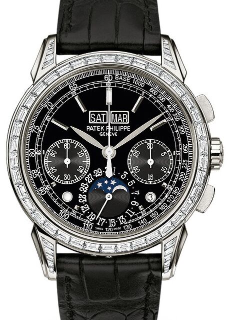 Patek Philippe Grand Complications Perpetual Calendar Moon Phases Chronograph Platinum Diamond Baguette Black 5271P-001 