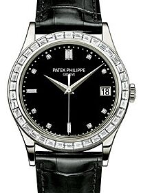 Patek Philippe Calatrava Black Baguette Diamond Bezel Date Platinum Leather  5298P-012