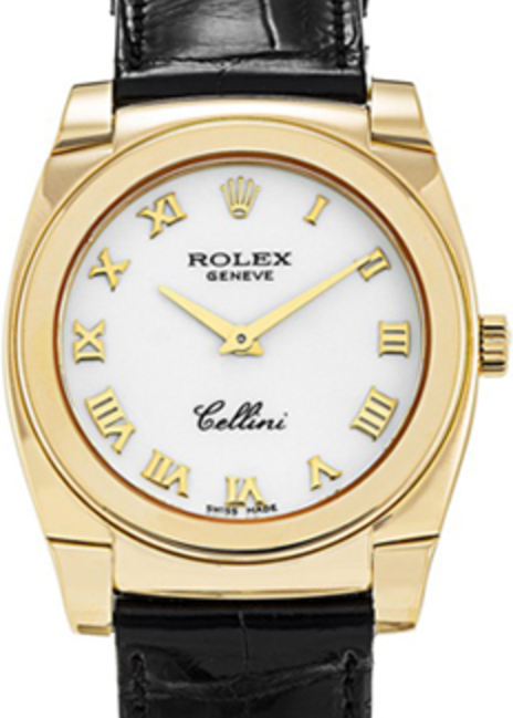 Rolex Cellini Ladies 5320-8 White Roman Yellow Gold Black Leather Manual BRAND NEW
