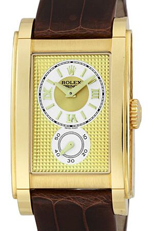 Rolex Cellini Prince 54408 Champagne Clou De Paris Guilloche Roman Yellow Gold Brown Leather Manual
