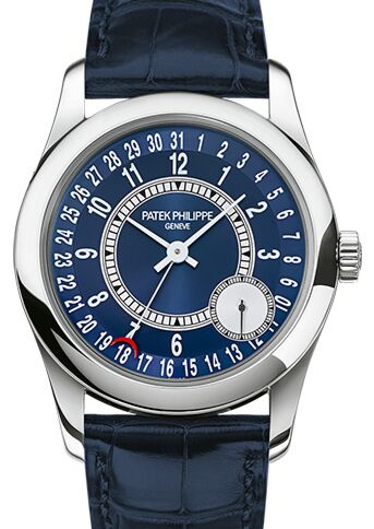 Patek Philippe 6000G-012 Calatrava 37mm Blue Sunburst Arabic Date White Gold Leather 