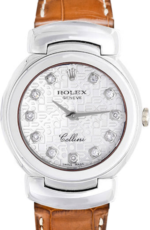 Rolex Cellini Quartz Ladies 6621-9 Silver Jubilee Diamond White Gold Brown Leather BRAND NEW