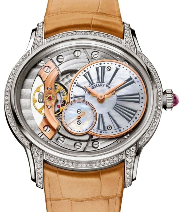 Audemars Piguet 77247BC.ZZ.A813CR.01 Millenary Hand-Wound 39.5mm White Mother of Pearl Roman Diamond Bezel White Gold Leather BRAND NEW