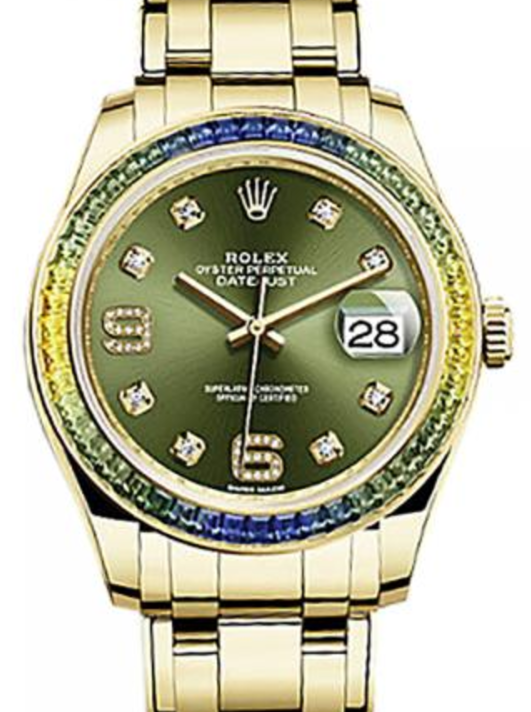 Rolex Pearlmaster 39 86348SABLV Olive Green Diamond Set with Sapphires Yellow Gold BRAND NEW