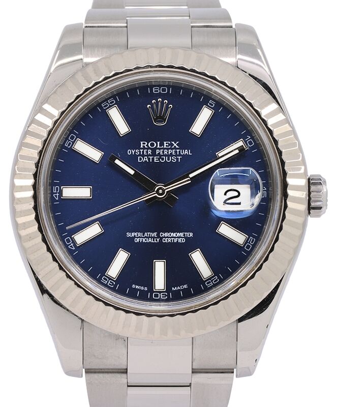 Rolex Datejust II Stainless Steel 41mm Blue Index Dial White Gold Bezel Oyster Bracelet 116334 - PRE-OWNED