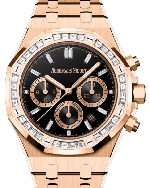 Audemars Piguet Royal Oak Chronograph 38mm Rose Gold Diamond Set Bezel Black Onyx Diamond Baguette Dial 26715OR.ZZ.1356OR.02