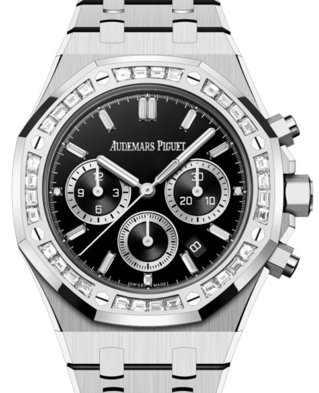 Audemars Piguet Royal Oak Chronograph 38mm White Gold Diamond Set Bezel Black Onyx Diamond Baguette Dial 26715BC.ZZ.1356BC.02