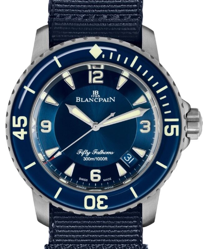 Blancpain Fifty Fathoms Automatique Titanium 45mm Blue Dial NATO Strap 5015 12B40 NAOA - BRAND NEW
