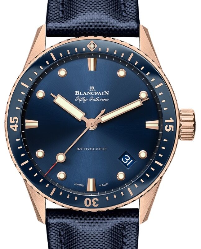 Blancpain Fifty Fathoms Bathyscaphe Sedna Gold 43mm Canvas Strap 5000 36S40 O52A - BRAND NEW