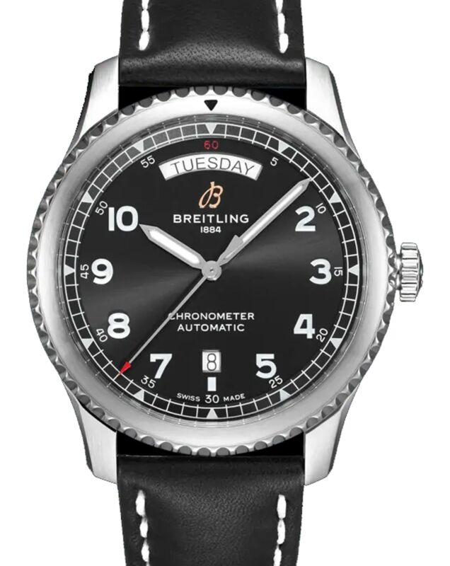 Breitling Aviator 8 Automatic Day & Date 41 Stainless Steel 41mm Black Dial Leather Strap A45330101B1X1 - BRAND NEW