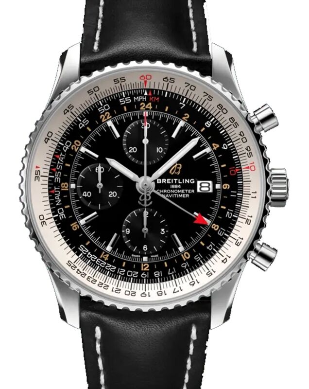 Breitling Navitimer Chronograph GMT 46 Stainless Steel 46mm Black Dial Leather Strap A24322121B2X1 - BRAND NEW