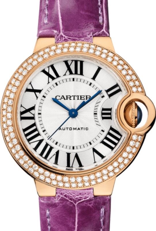 Cartier Ballon Bleu de Cartier 33mm Rose Gold Diamonds Silver Dial Leather Strap WE902066