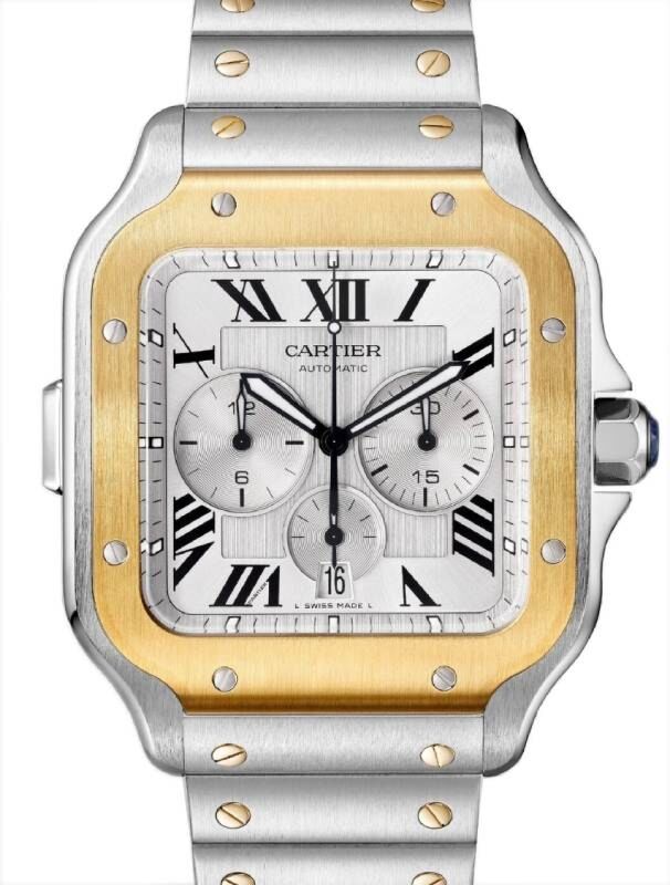 Santos de Cartier Chronograph Extra-Large Steel/Yellow Gold Silver Dial W2SA0008