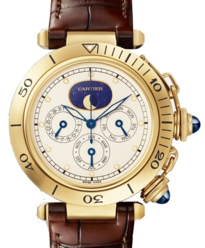 Cartier Pasha De Cartier Men's Watch Automatic Full Calendar Moon phase Yellow Gold 38mm Silver Dial Alligator Leather Strap WGPA0022 - BRAND NEW